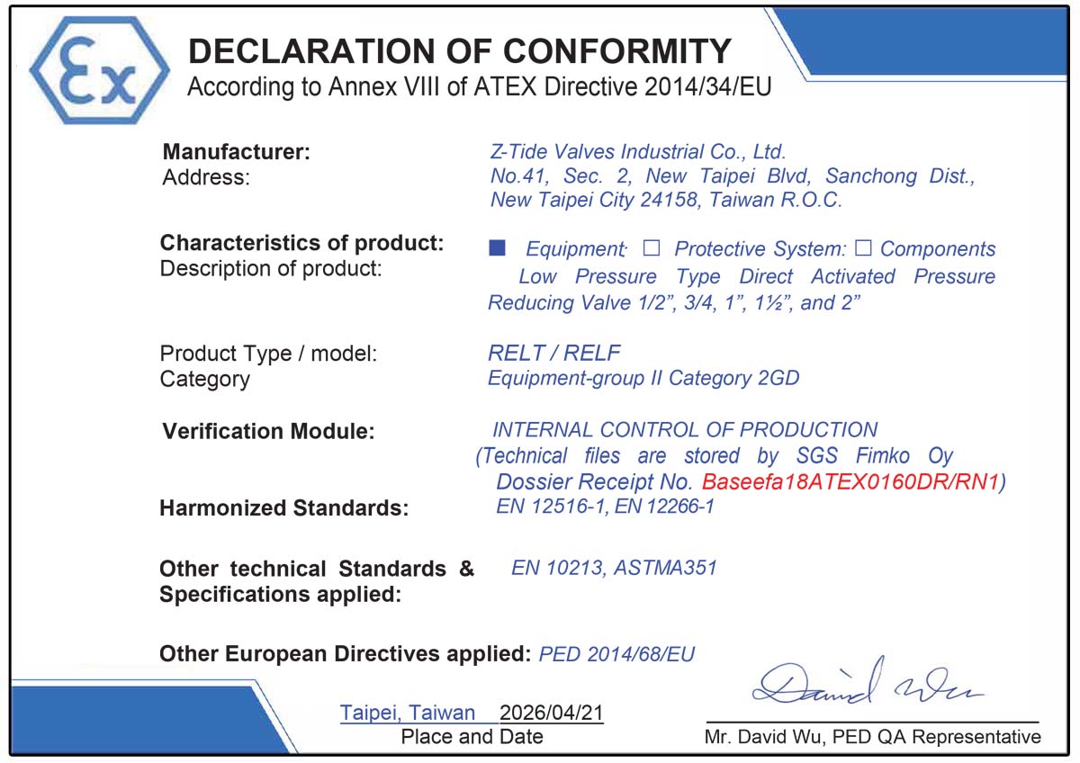 Válvula reductora de presión Z-Tide de baja presión con certificación ATEX