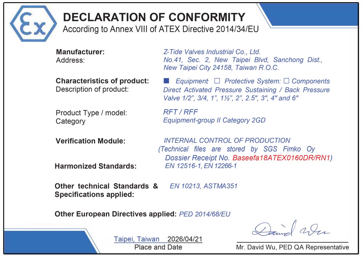 Válvula de mantenimiento de presión de acción directa Z-Tide con certificación ATEX